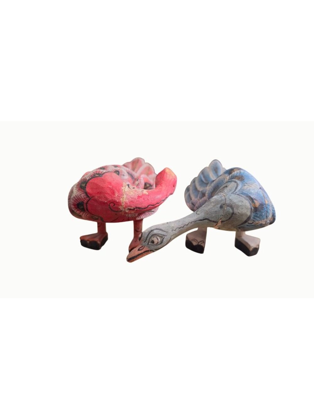 Vintage Indonesian Hand Carved Painted Wood Preening Ducks Folk Art Pair
